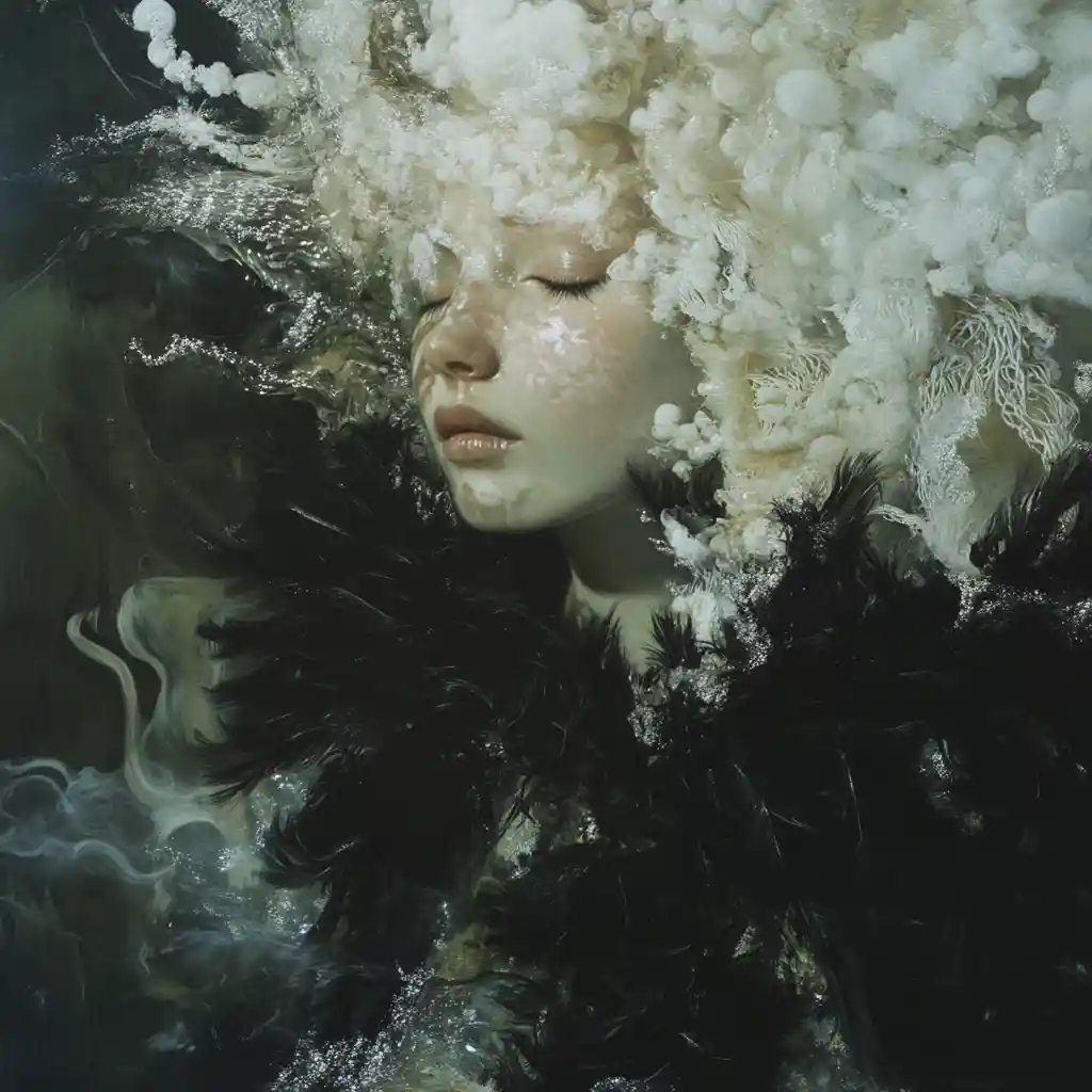 Surreal coral and cloud creature in a watery dreamscape
