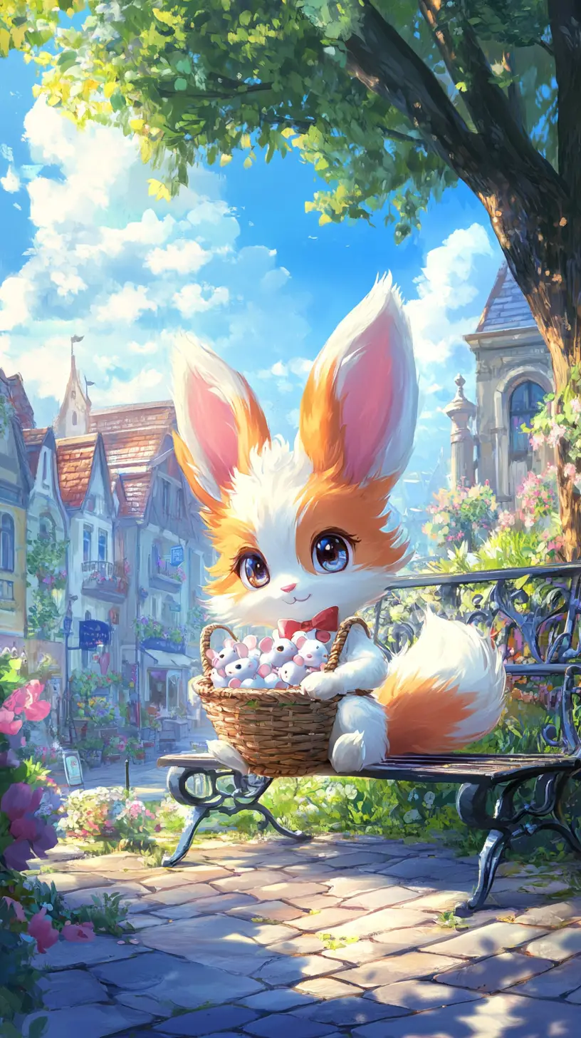 Cute fantasy animal on bench in sunny village square