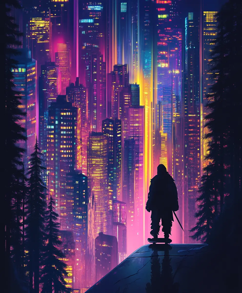 Lonely Grim Reaper On Skateboard Facing Futuristic Night City