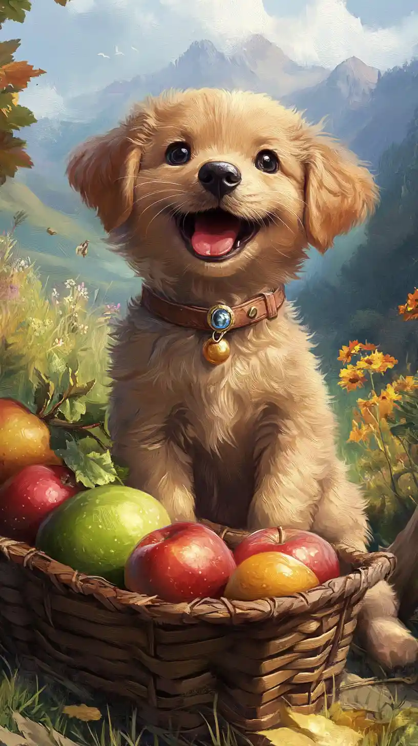 Happy puppy on a mountain meadow beside a fruit basket