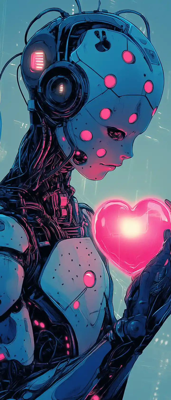 Futuristic anime robot holding a glowing heart illustration