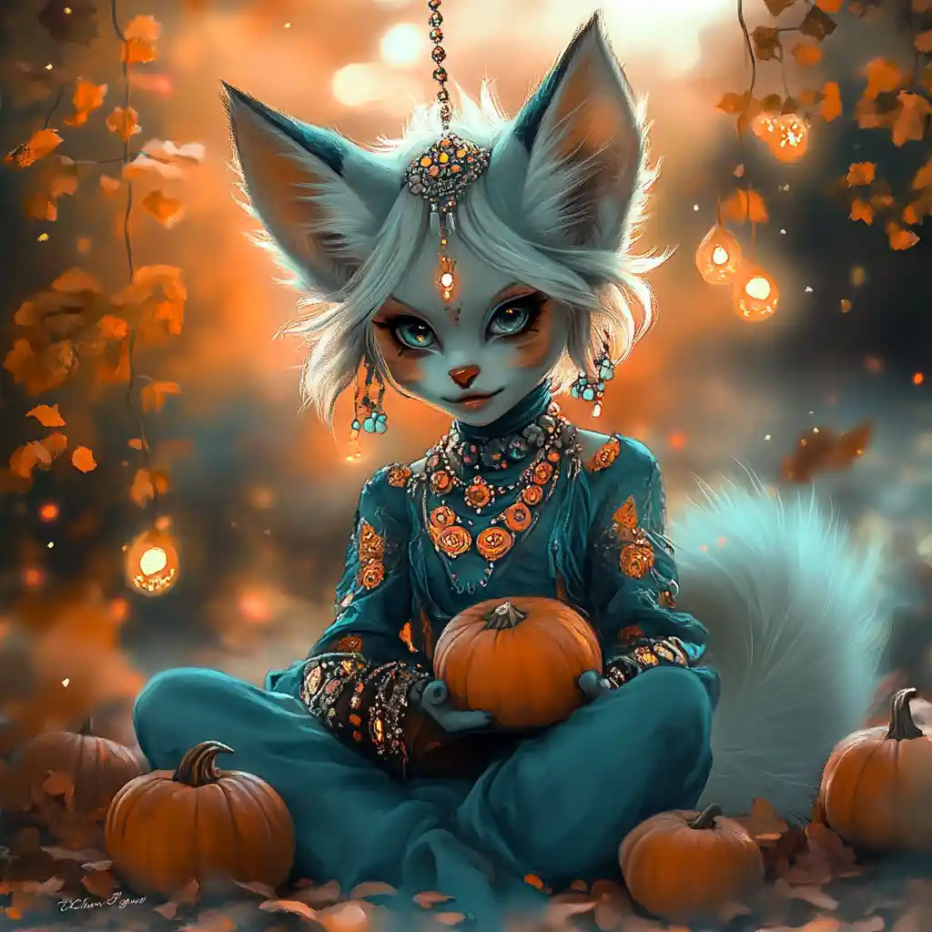 Fantasy girl with fox ears holding a small pumpkin
