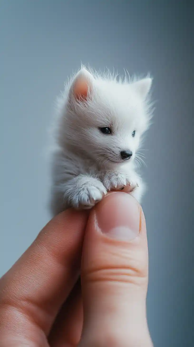 Tiny white wolf resting on a human fingertip