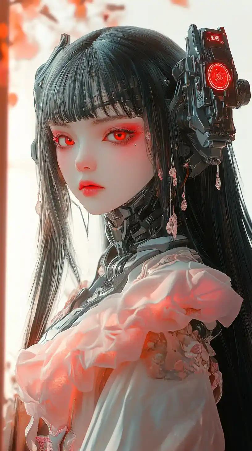 Serene anime girl with silver skin and ruby red eyes