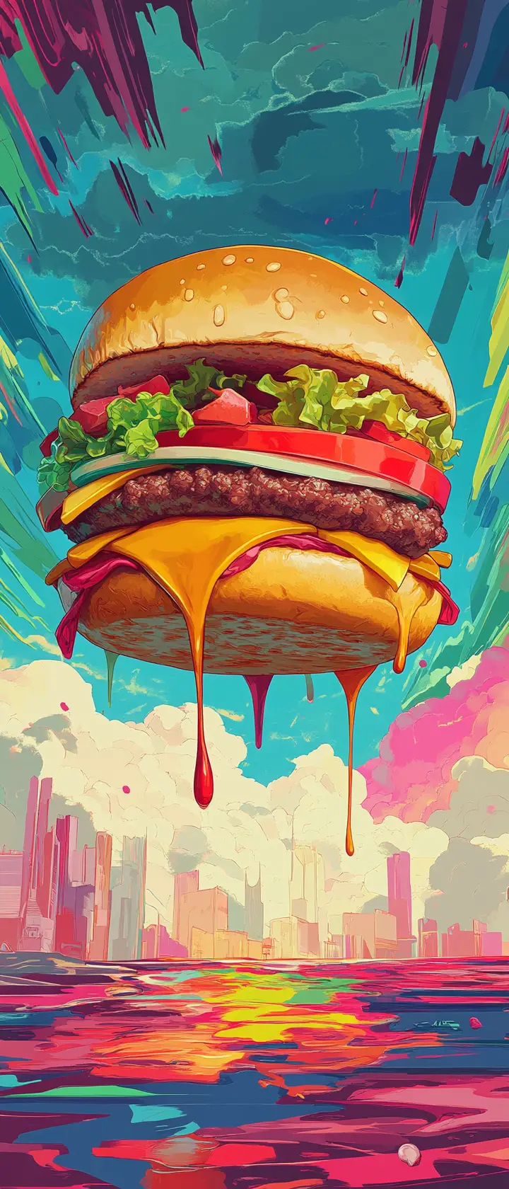 Giant anime hamburger floating in a surreal colorful sky