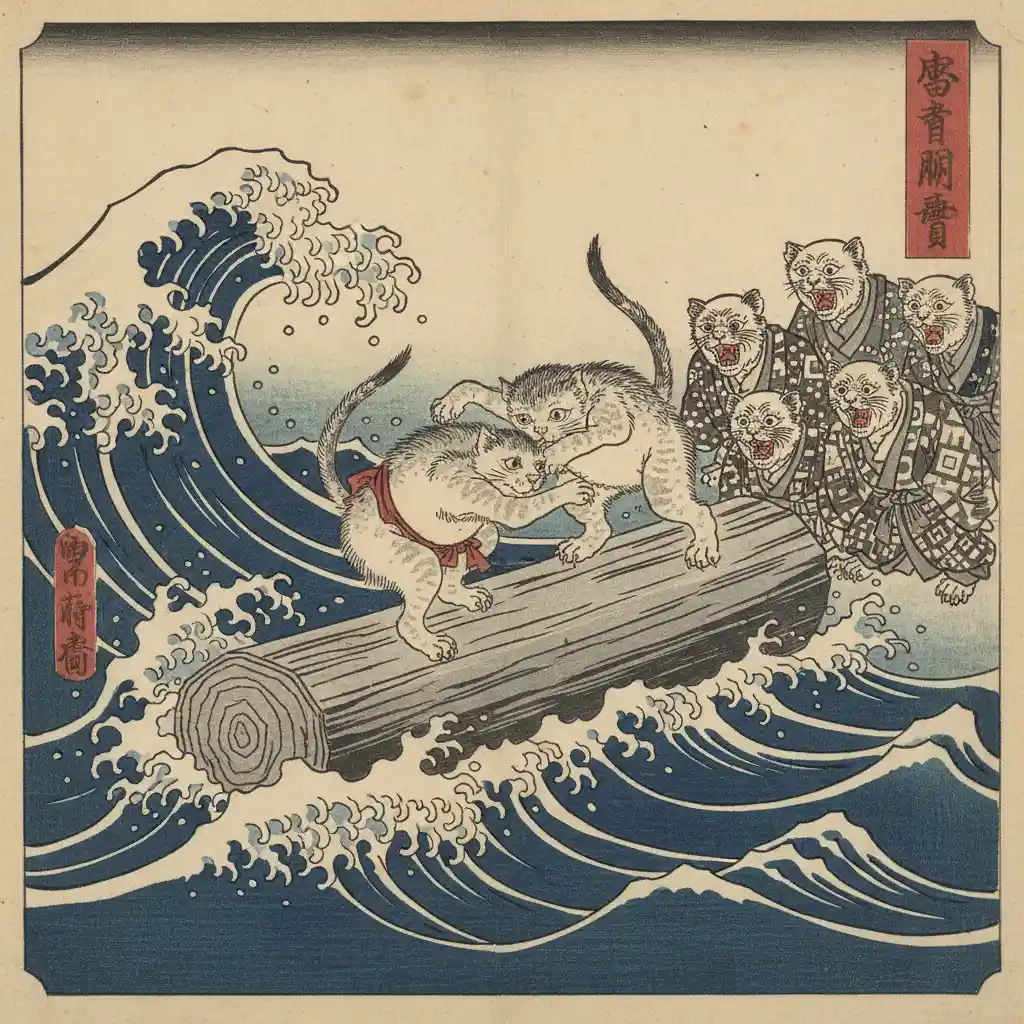 Two sumo wrestling kittens on waves in ukiyo e style