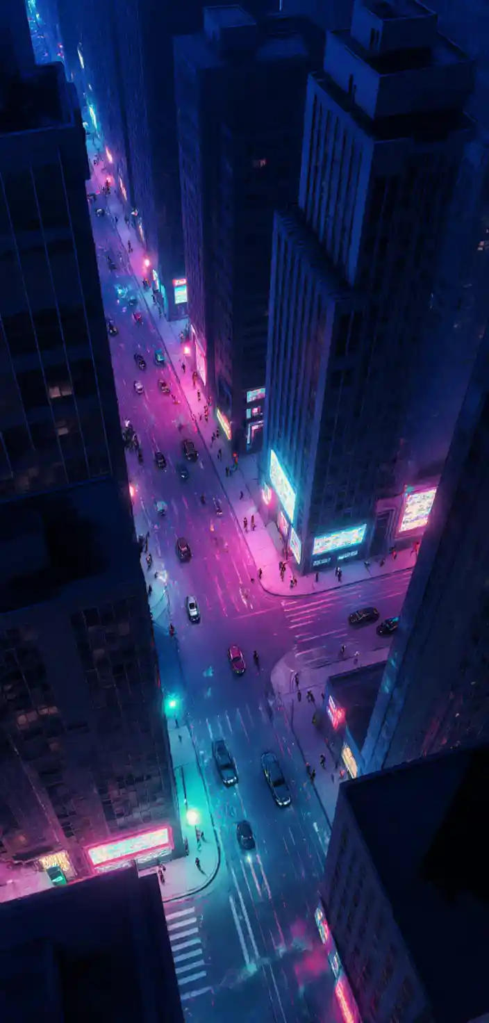 Paisagem urbana aérea em estilo anime com arranha-céus de néon brilhante à noite