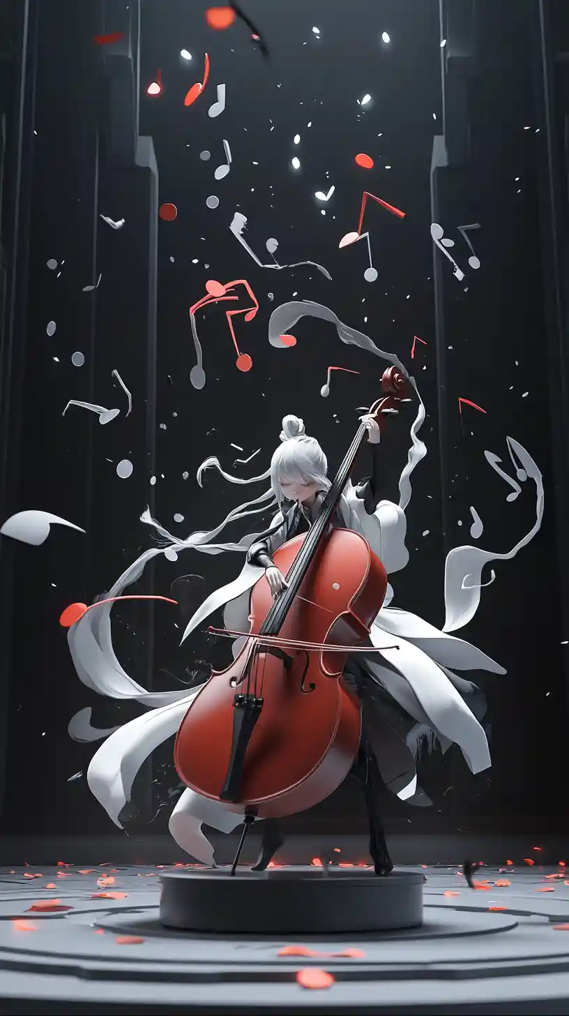 Surreal musical instruments as glowing spirits in a hall