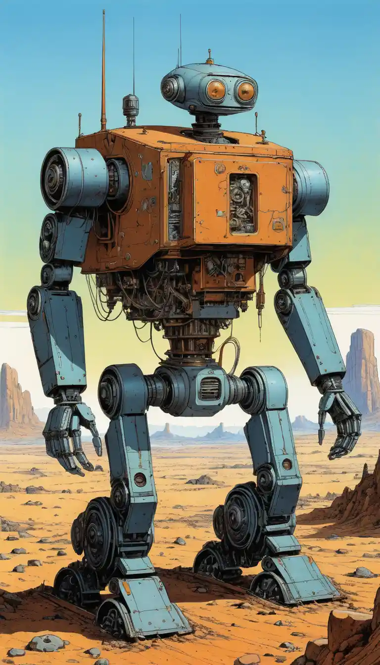 Close up sci fi illustration of a robot in wasteland