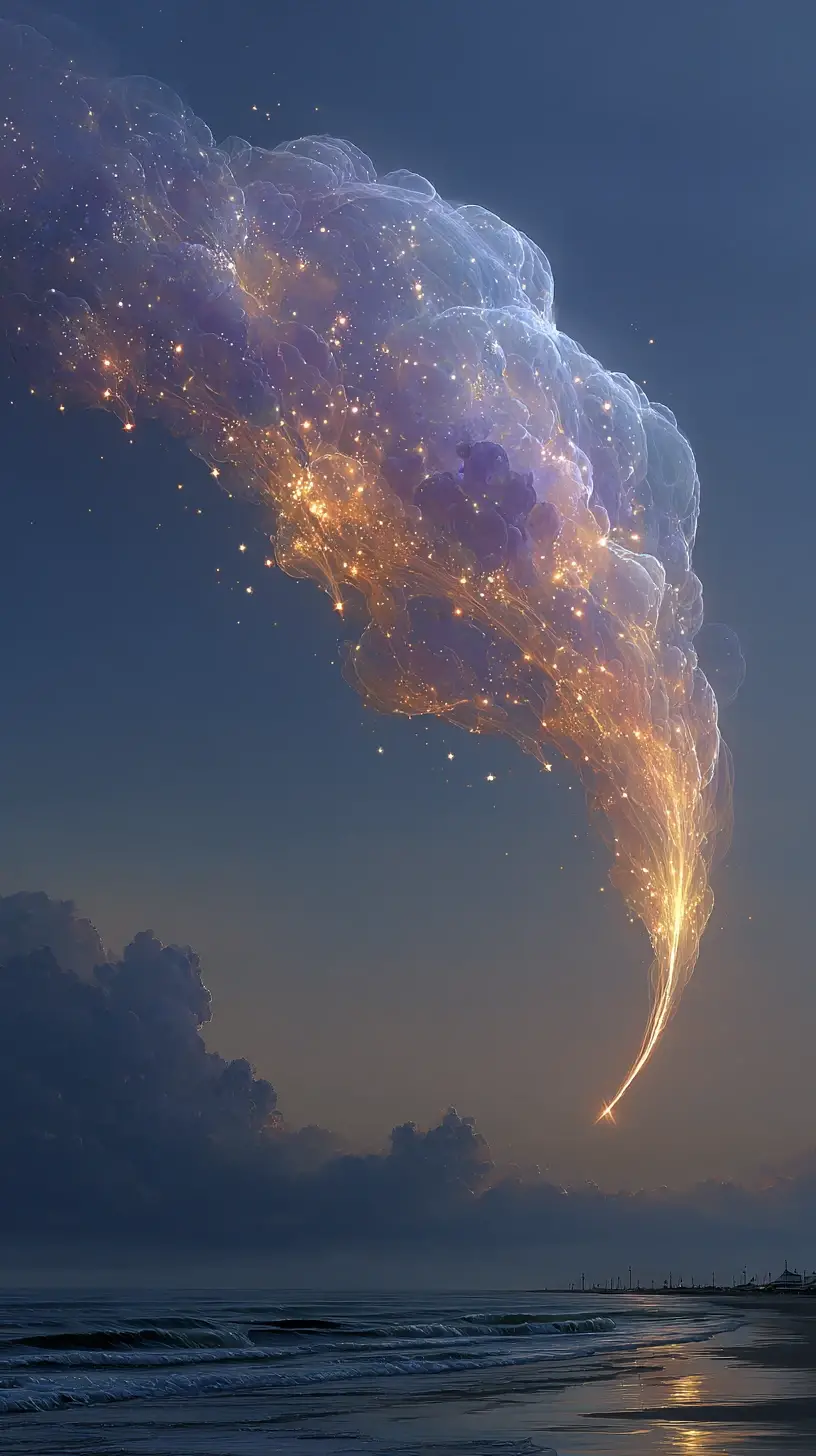 Lonely sentient light cloud over a desolate alien ocean