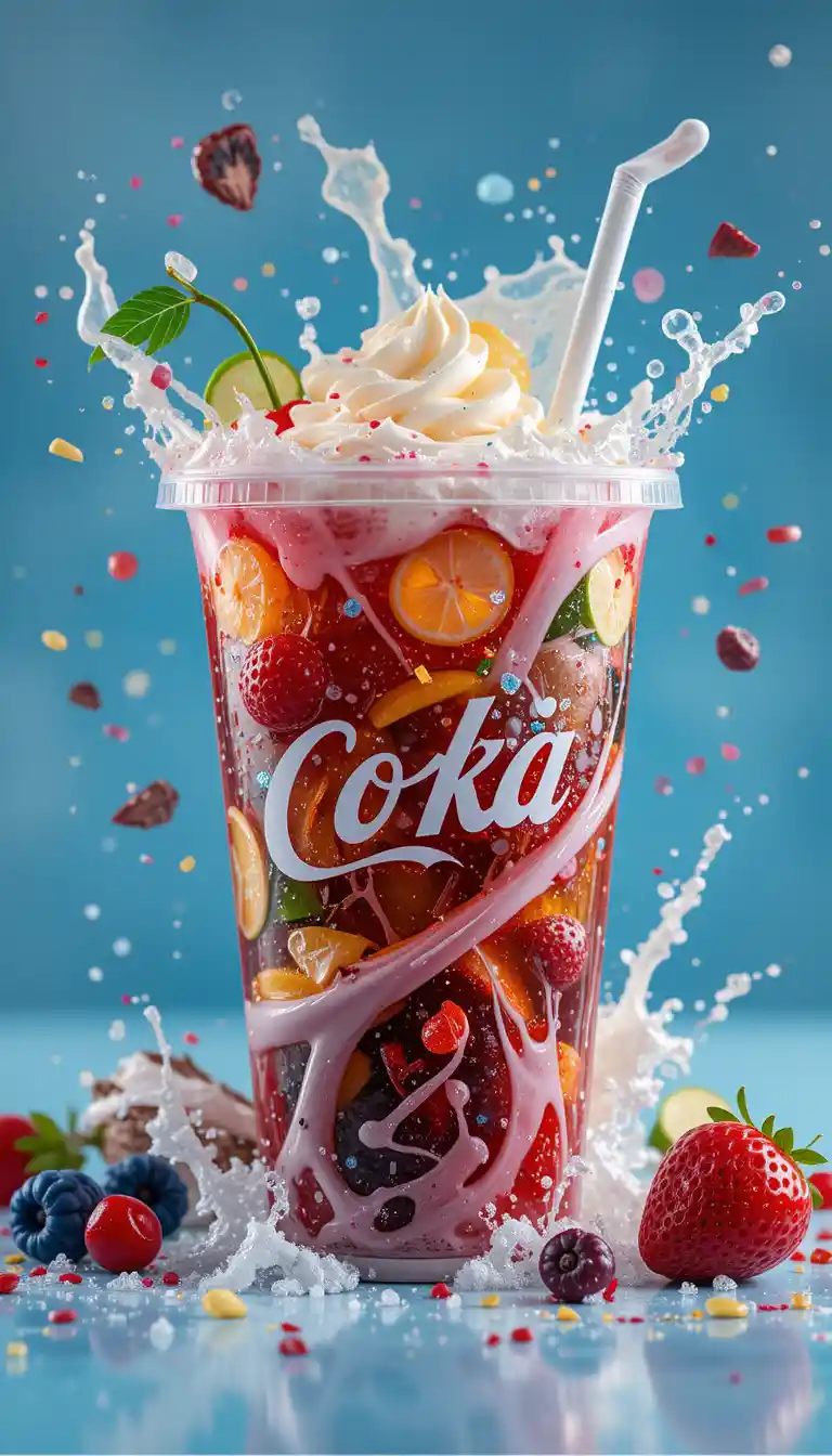 Cinematic close up of colorful soda cup with ingredients