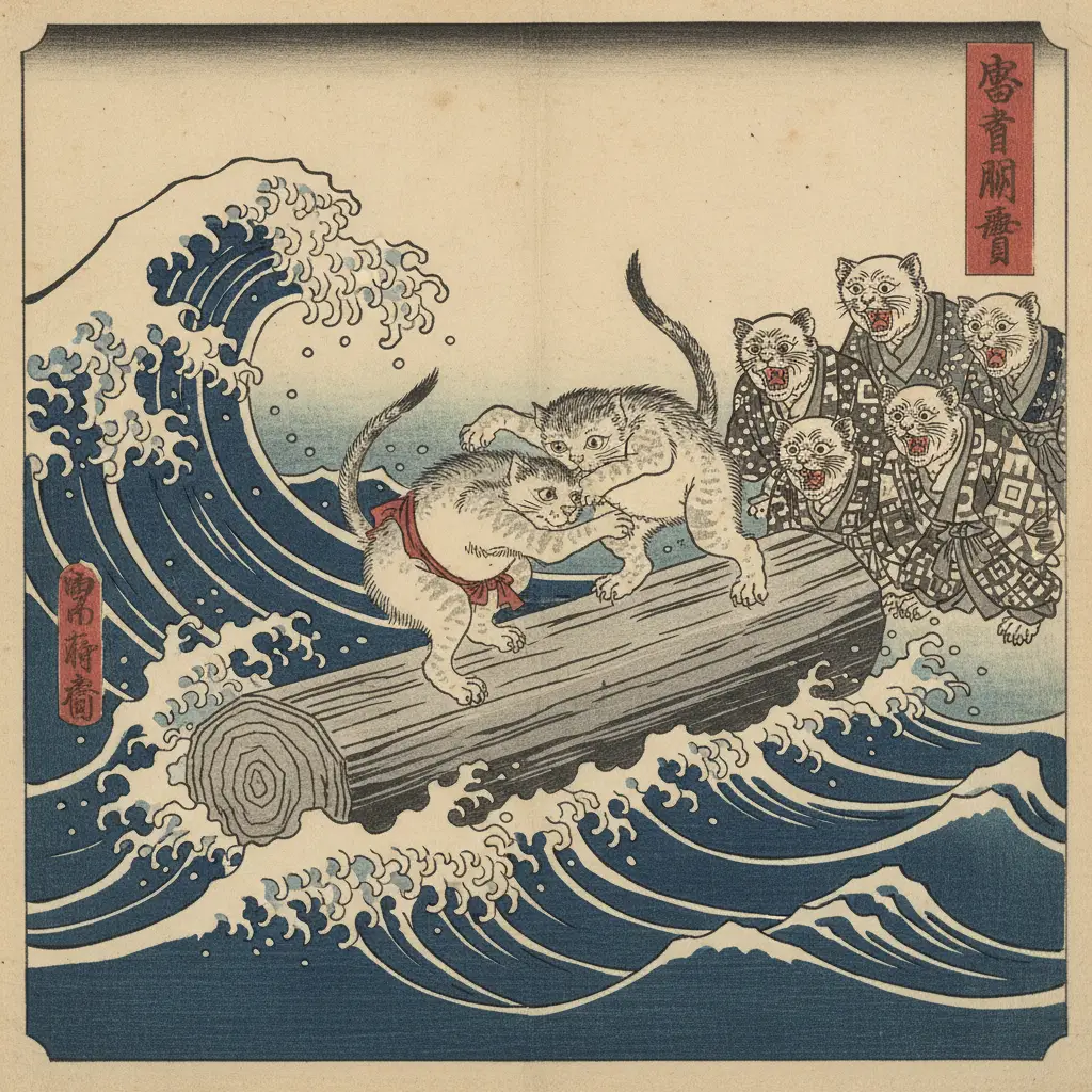 Two sumo wrestling kittens on waves in ukiyo e style
