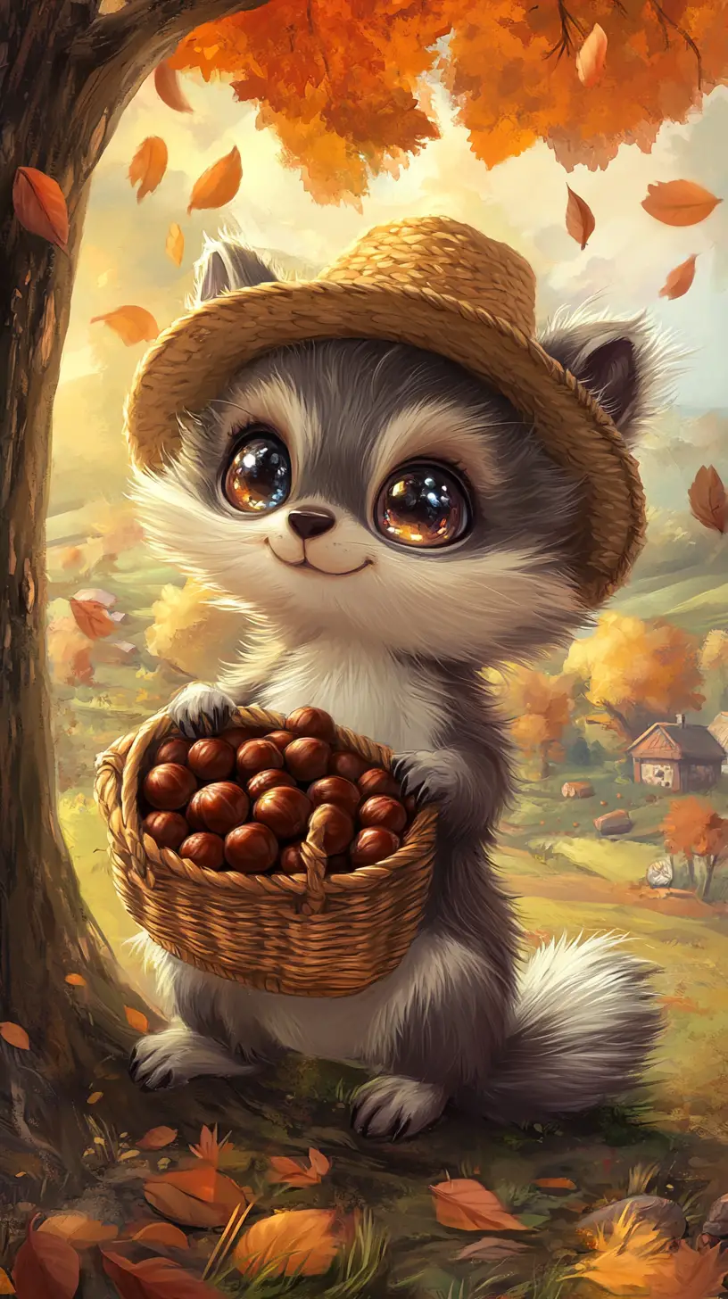 Cute fantasy animal with chestnuts in autumn meadow