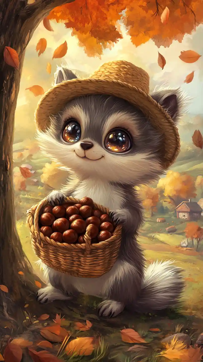 Cute fantasy animal with chestnuts in autumn meadow