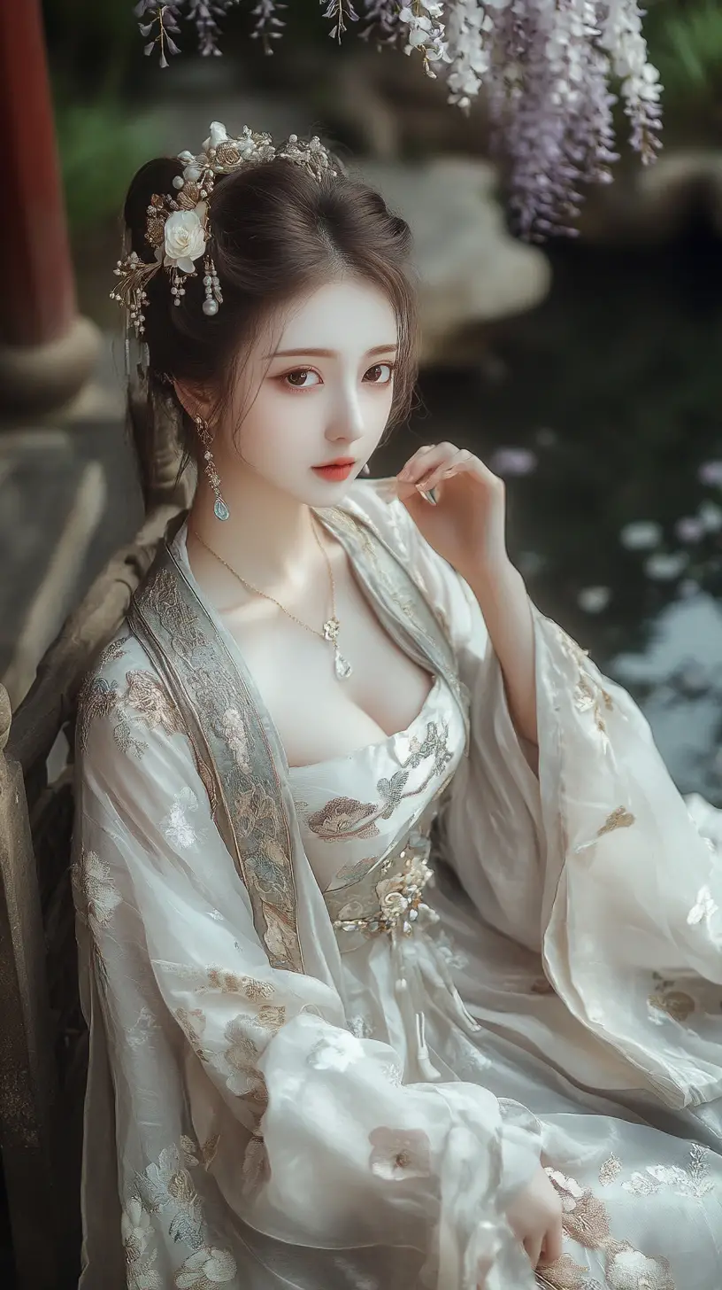 Elegant woman in silver hanfu sitting in pavilion