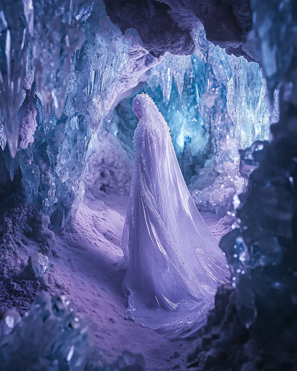 Ethereal Woman In Decaying Crystal Cave With Jagged Light