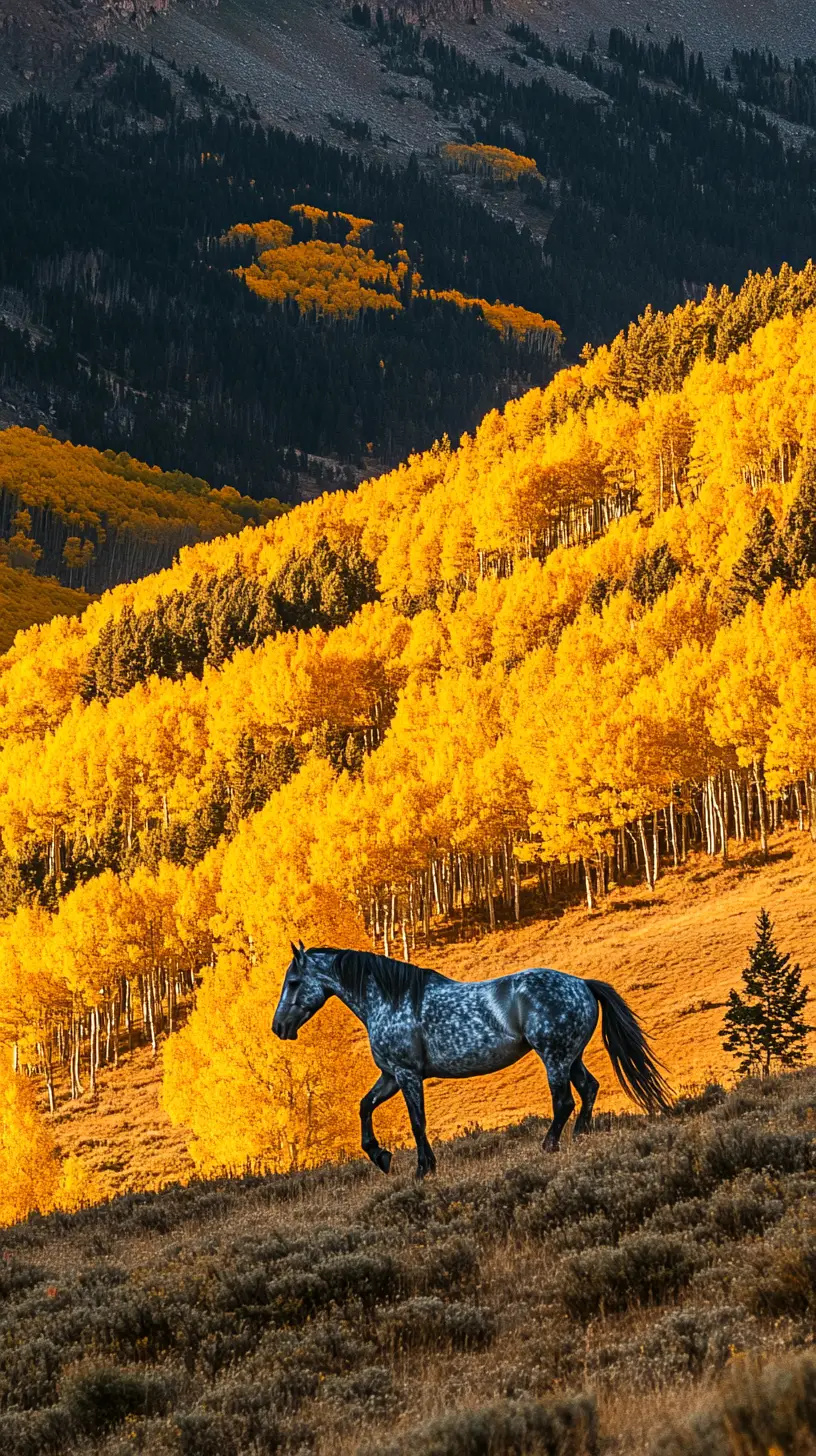 Graceful horse cantering up a mountain hillside