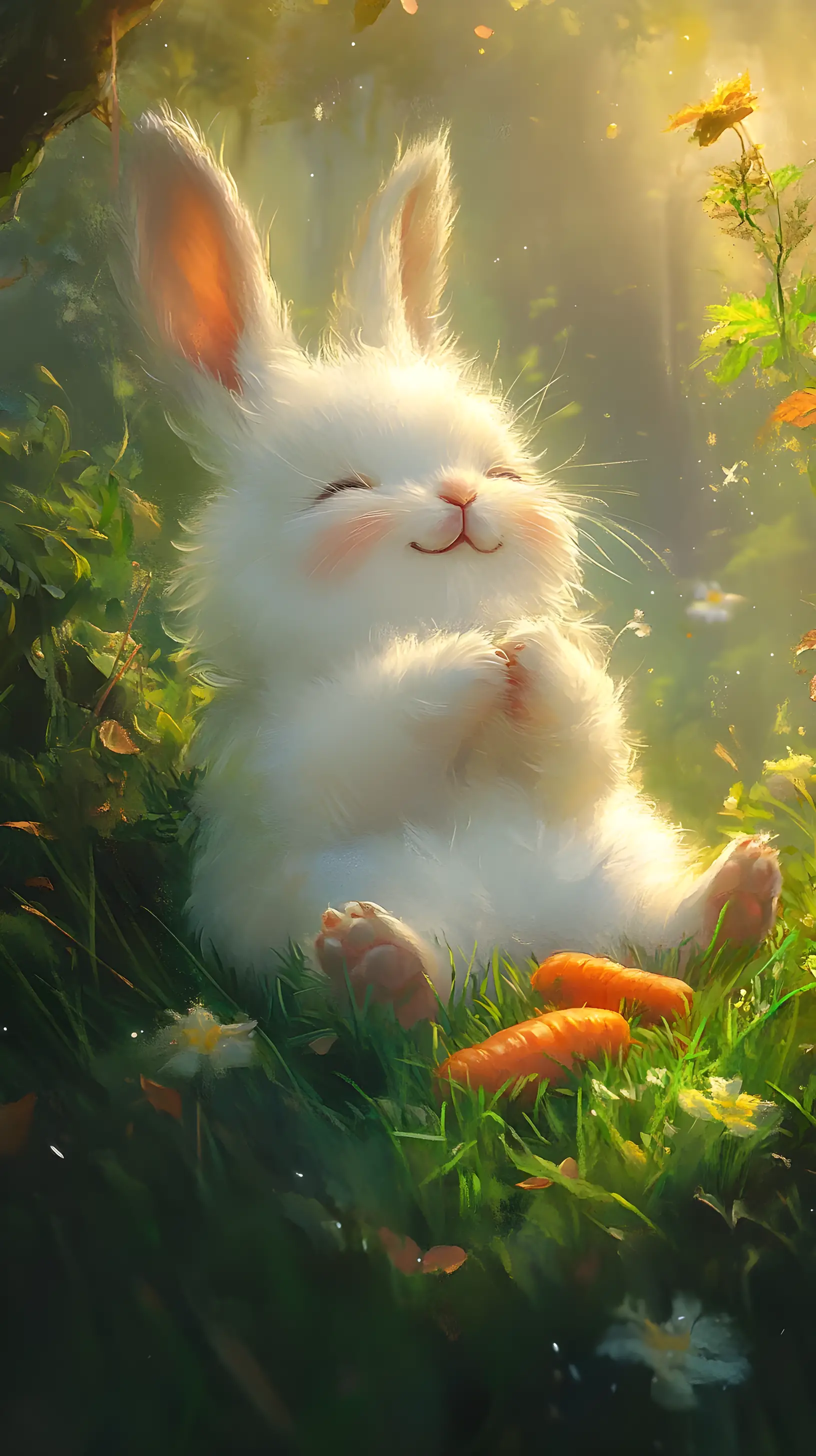 Happy chubby rabbit resting on a grassy patch