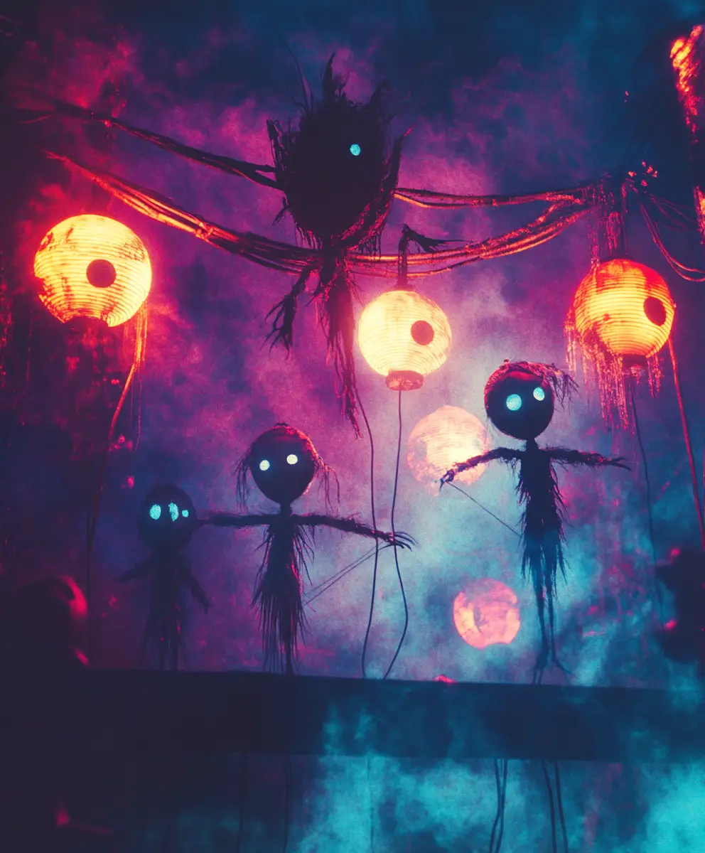 Surreal carnival puppet show under glowing neon lanterns
