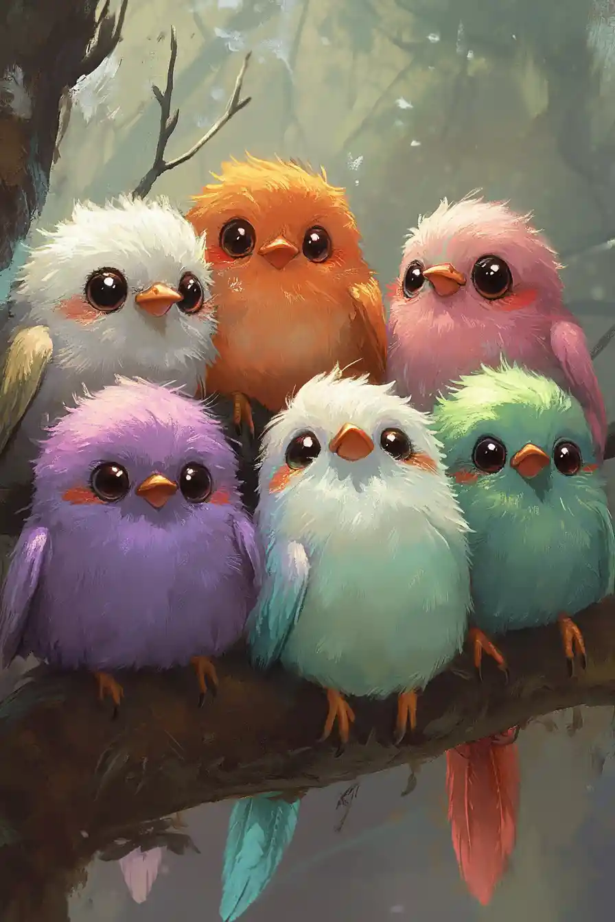Colorful Cartoon Birds Huddled Together On Tree Branch