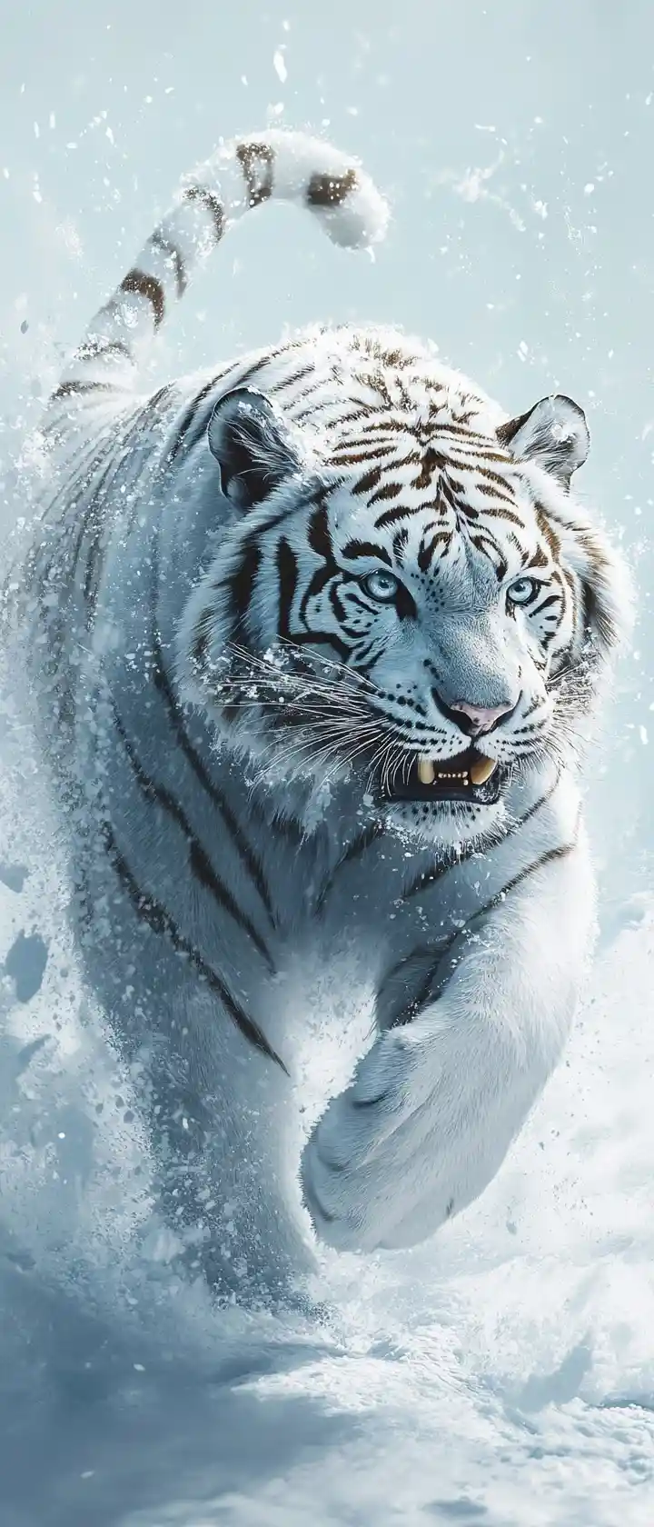Weißer Tiger läuft durch spritzenden Schnee in ruhiger blauer Szenerie