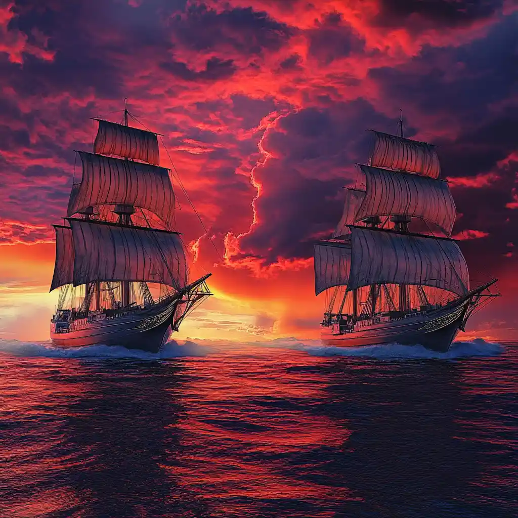Tall sailing ships in stormy ocean at colorful sunset