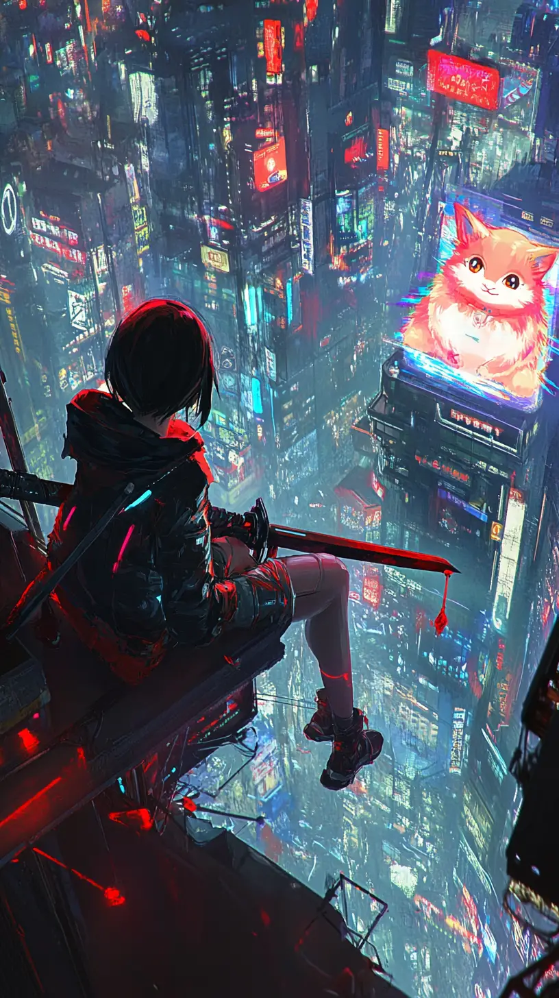 Anime girl with katana facing mechanical puppets