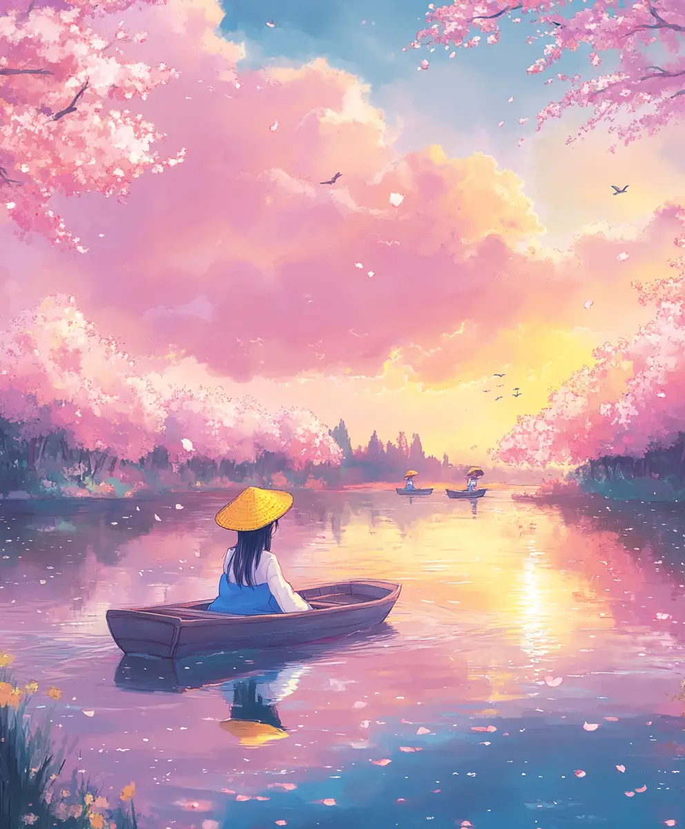 Anime girl in boat on tranquil river at sunset
