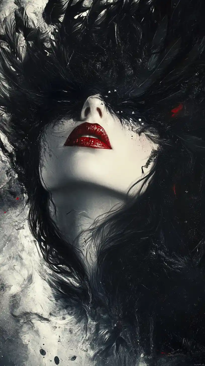 Mystical witchy woman with raven hair and ruby lips