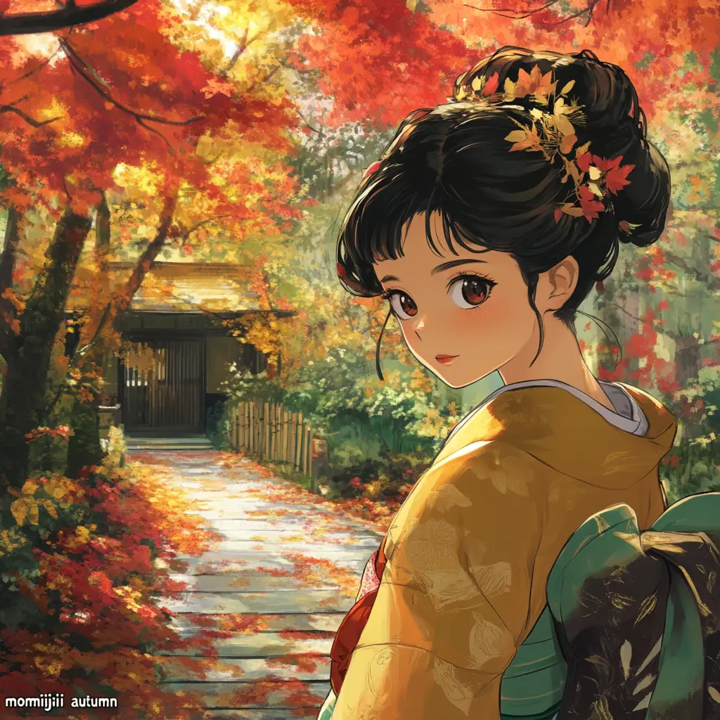 Anime woman in kimono walking through autumn momiji path