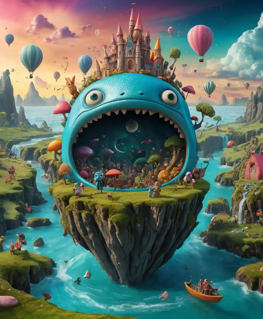 Surreal fantasy scene of watching events comically unfold