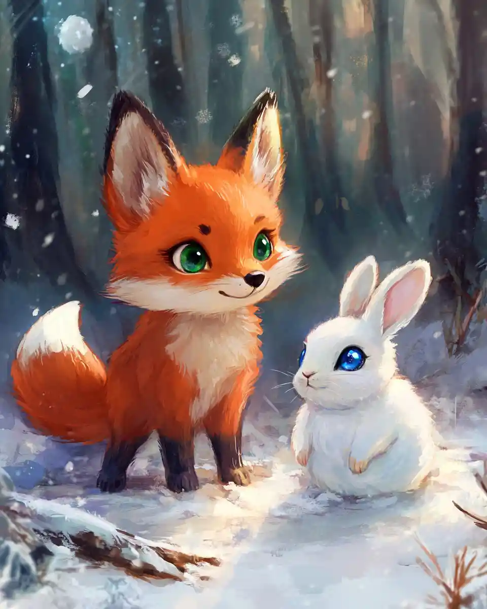 Red fox watching a snow rabbit in winter forest