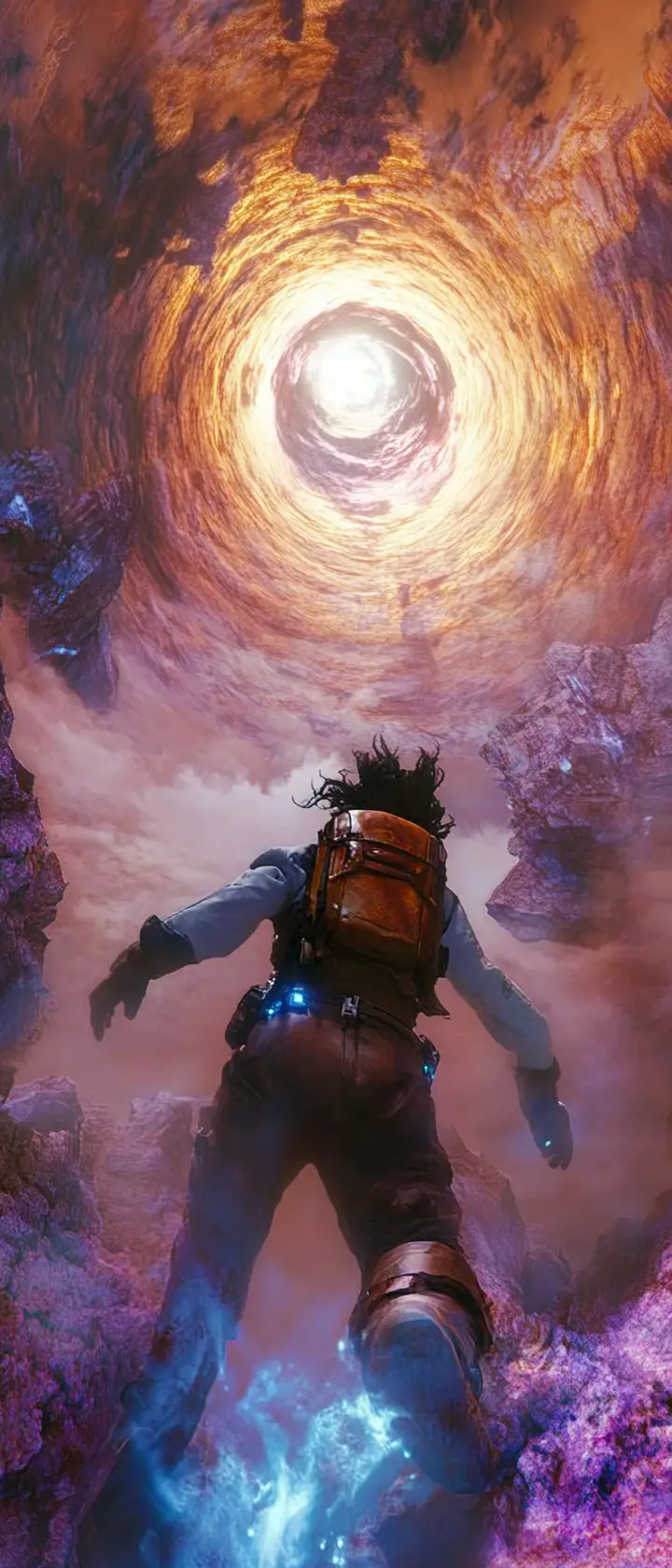 Wingsuit diver soaring into vast alien crater at sunrise