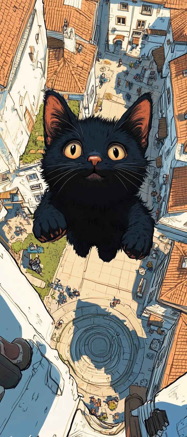 Joyful black kitten over a sunlit fantasy village