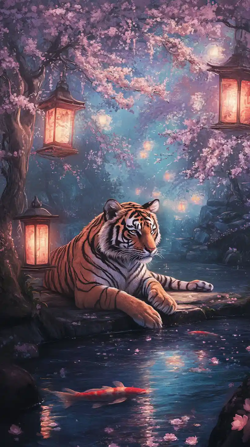 Tiger resting in a tranquil Japanese garden at dusk
