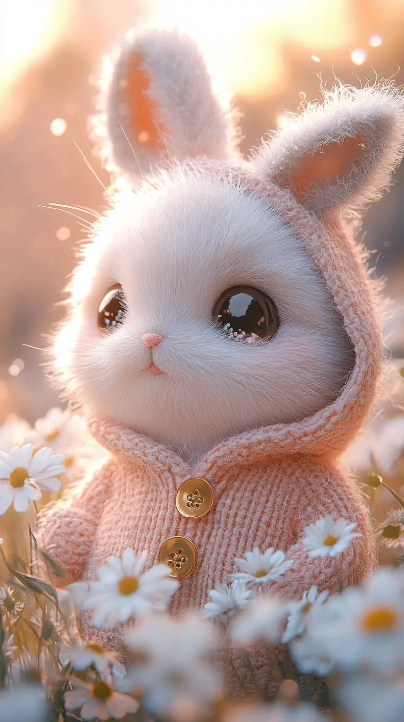 Adorable White Rabbit In Peach Hoodie Among Daisies