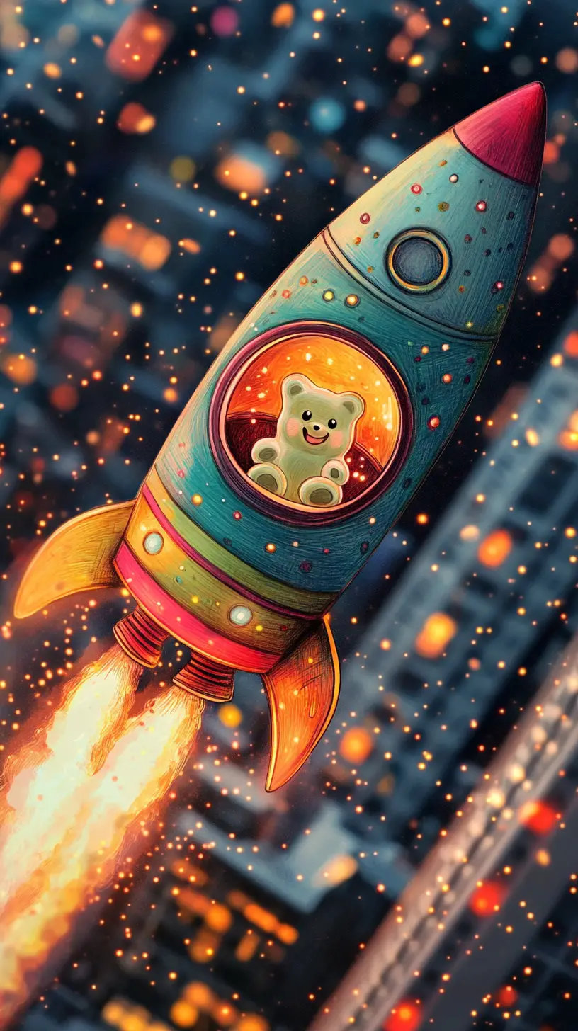 Cute gummy bear in a rocket above glowing city