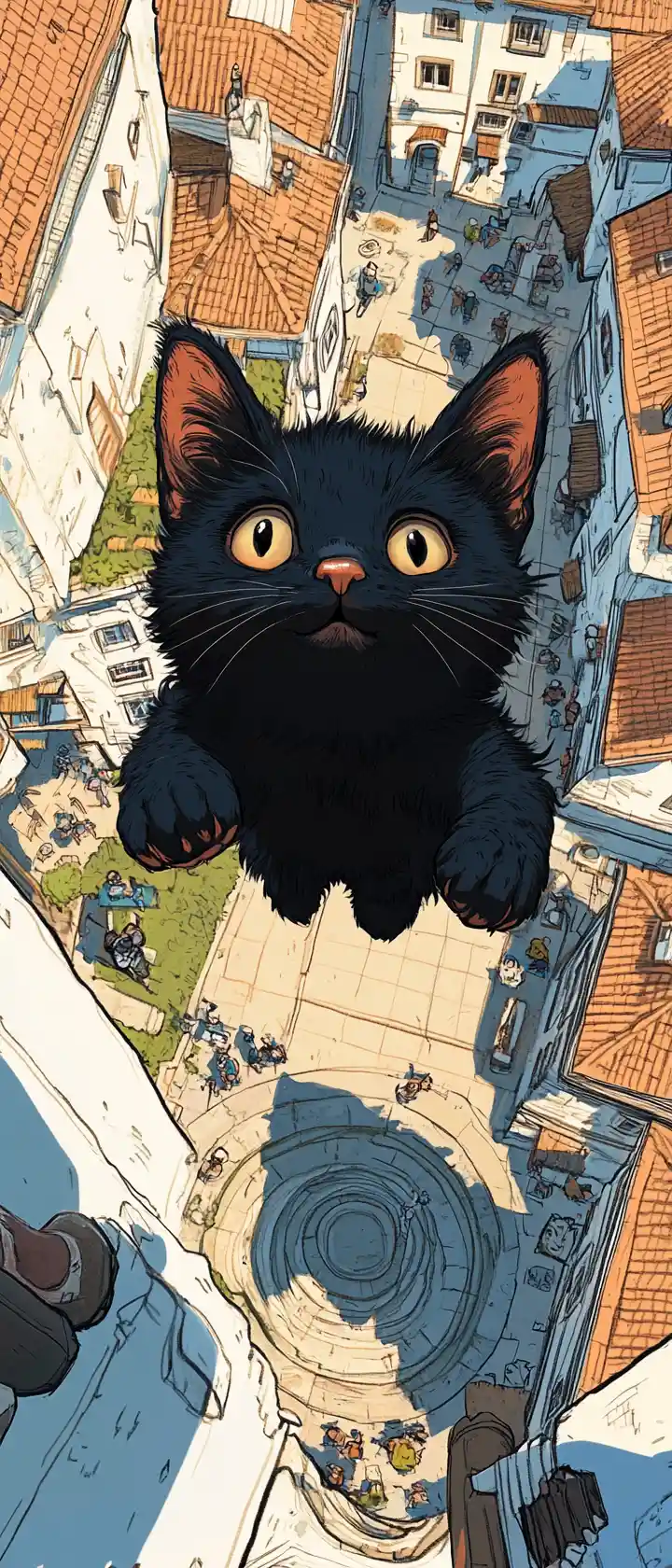 Joyful black kitten over a sunlit fantasy village