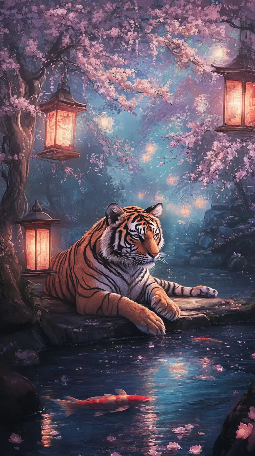 Tiger resting in a tranquil Japanese garden at dusk