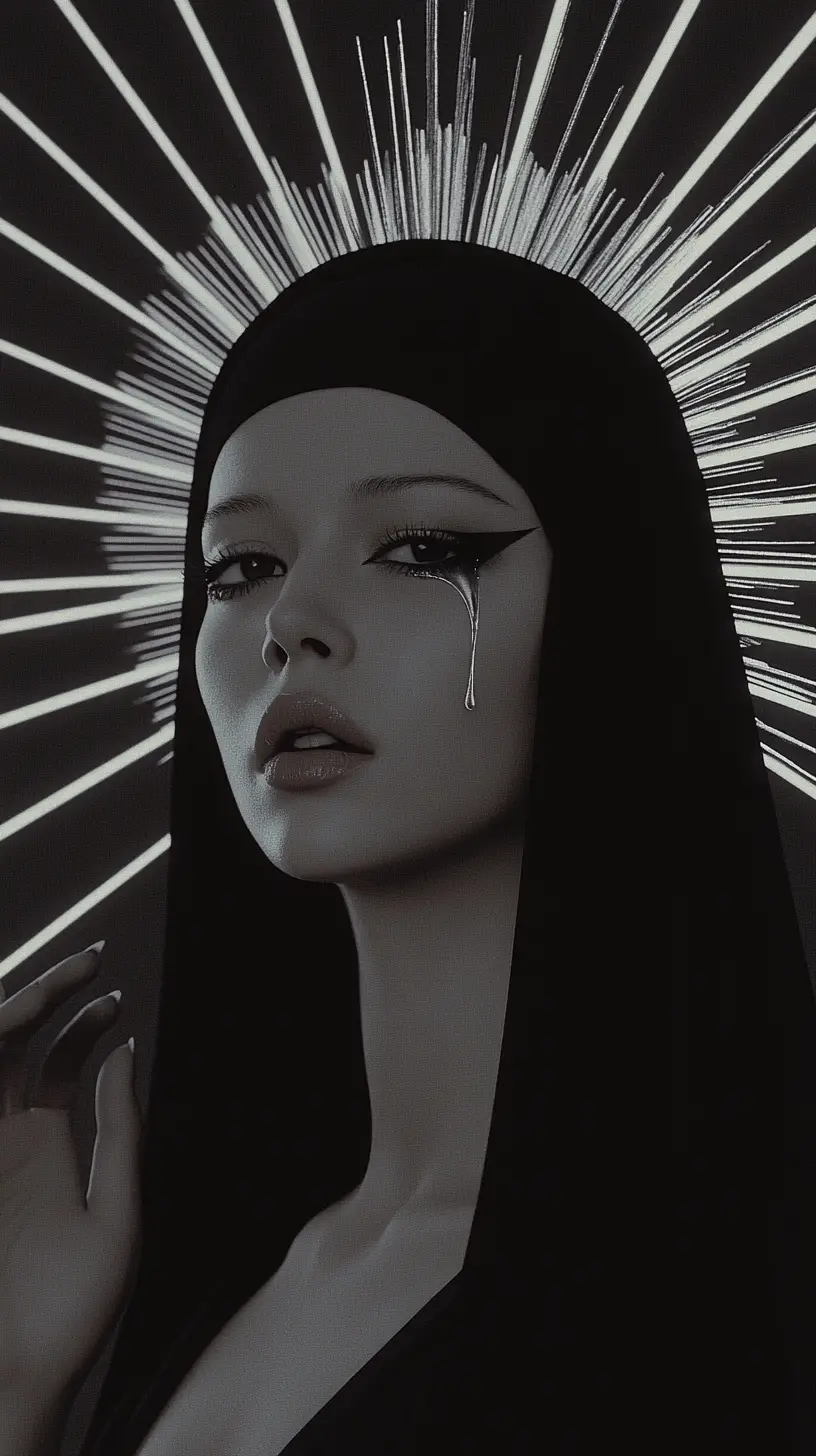 Tearful woman portrayed as saint mary in radiant light
