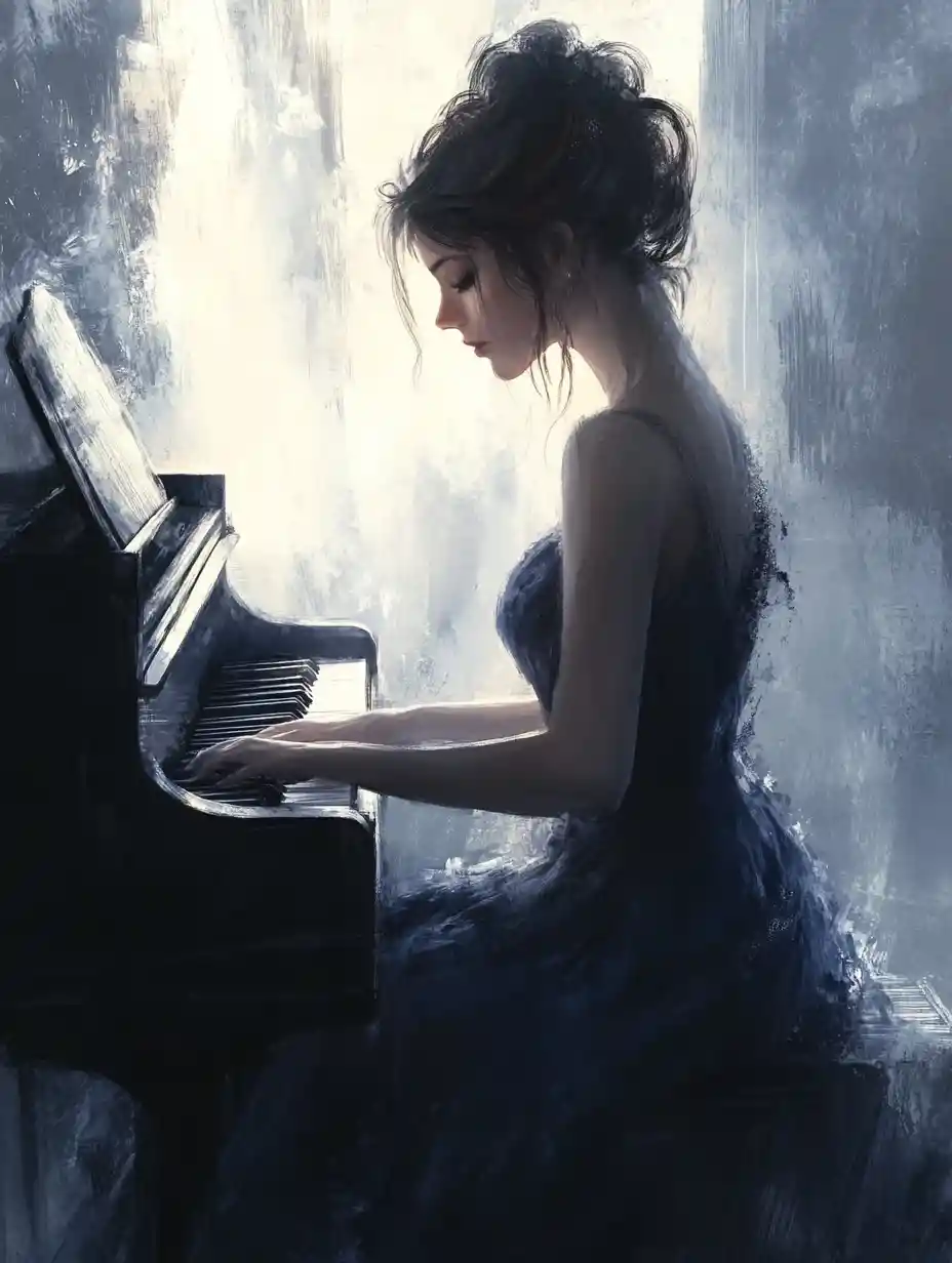 Elegant woman at piano in soft window light