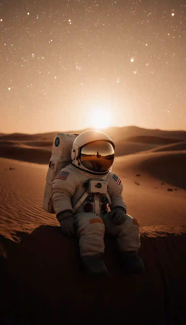 Young astronaut boy sitting on a cliff at sunset