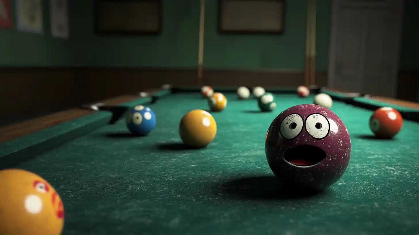 Cunning billiard ball character on a quiet pool table