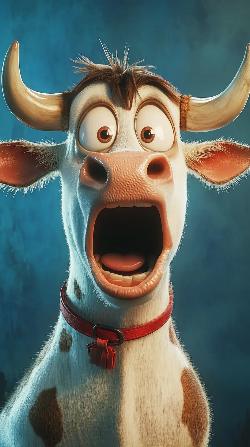 Cartoon cow with wild surprised eyes on blue background