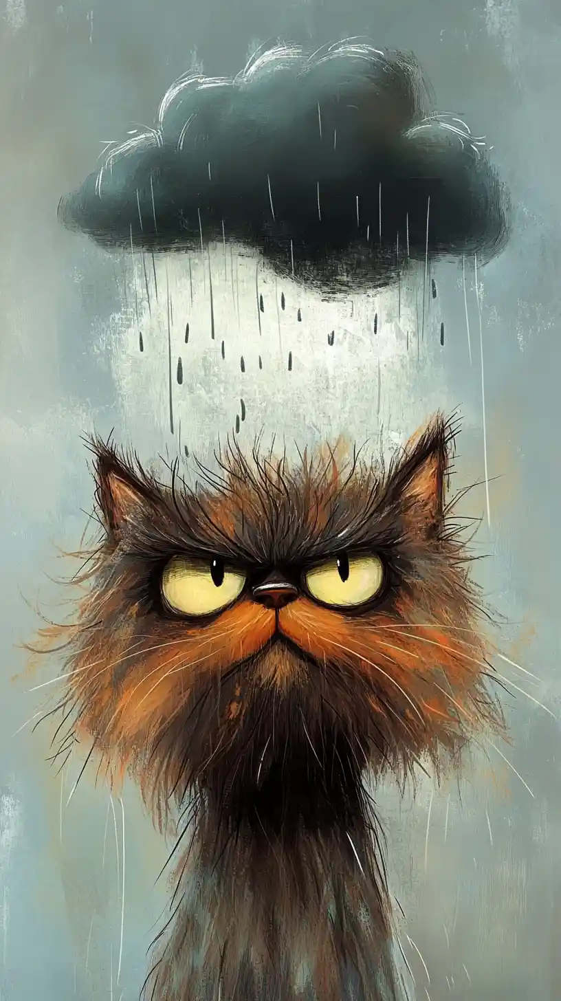 Grumpy Fluffy Cartoon Cat Under A Tiny Rain Cloud