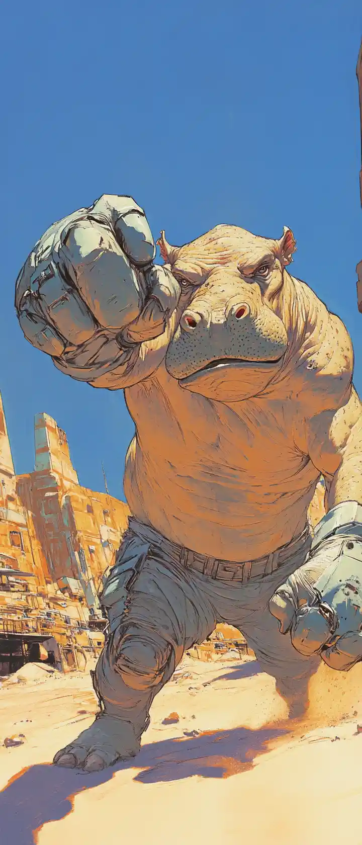Hippopotamus boxer punching forward in desert arena