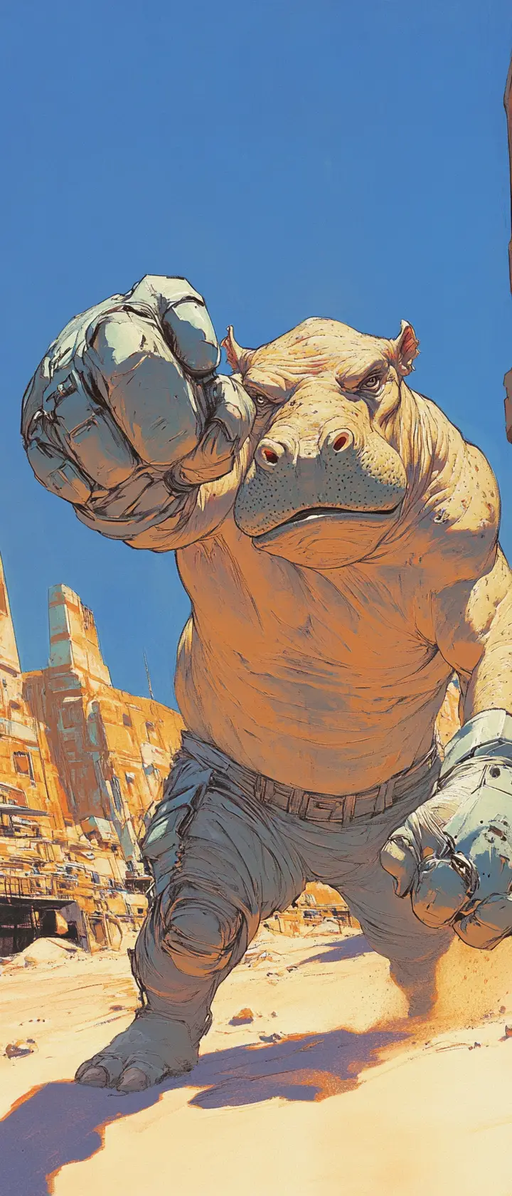 Hippopotamus boxer punching forward in desert arena