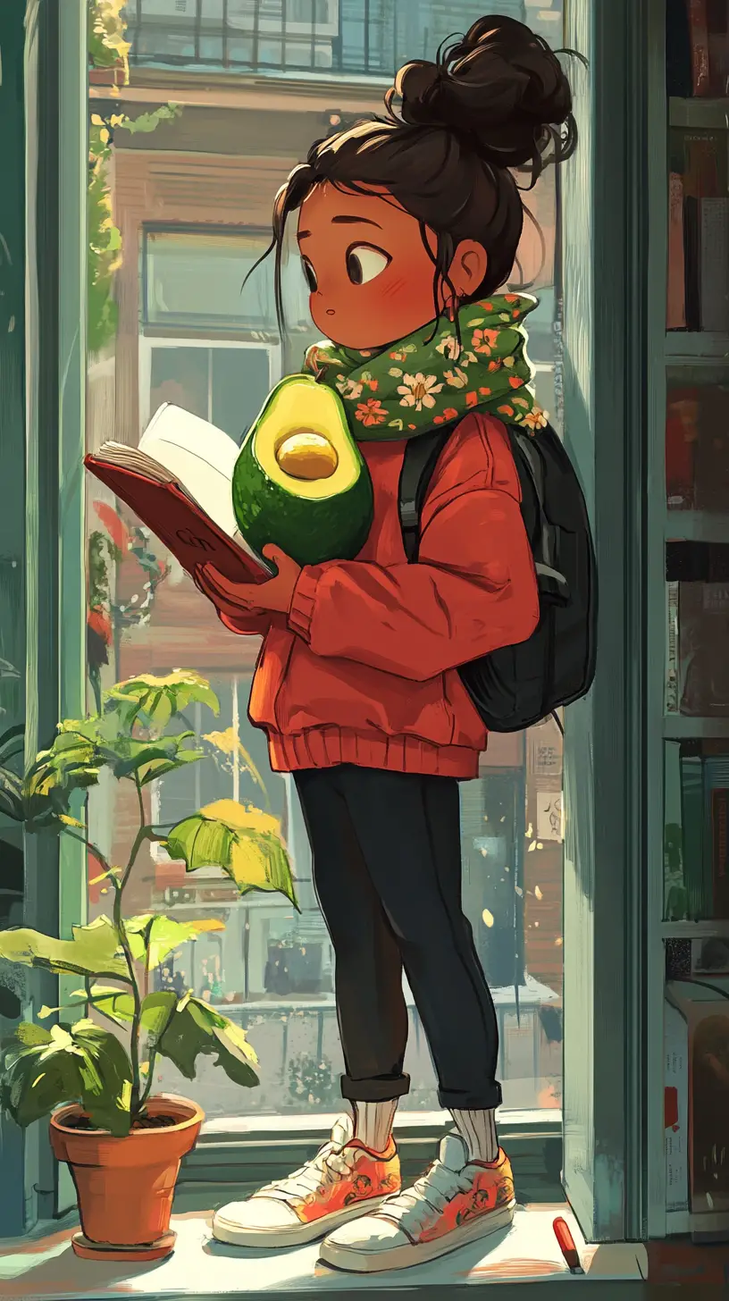 Cozy anthropomorphic avocado by a bright window
