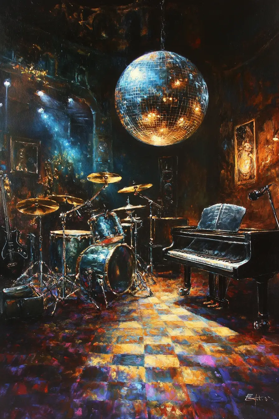 Surreal musical instruments on glowing disco dance floor