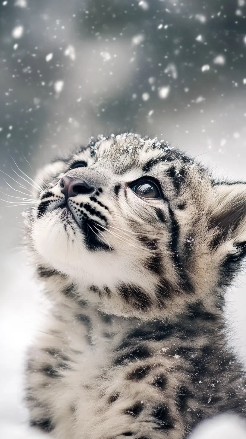 Cute baby snow leopard playing in gentle snowfall